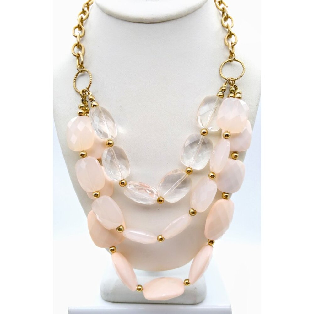 Pink Blush Bib Necklace, Unique Vintage with Lucite on Gold Tone Chain, Triple